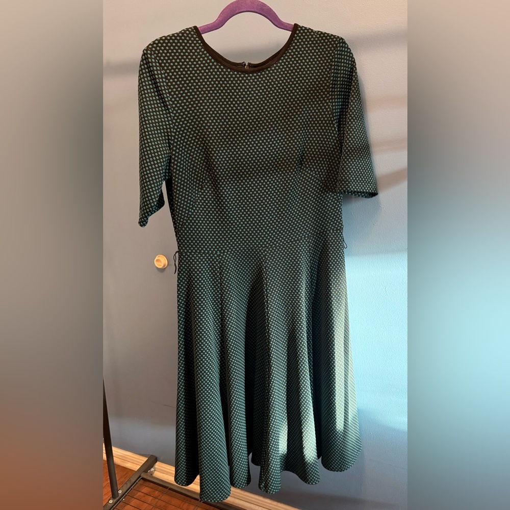 Danny & Nicole Teal and Black Polka Dot Midi Sleeve Dress